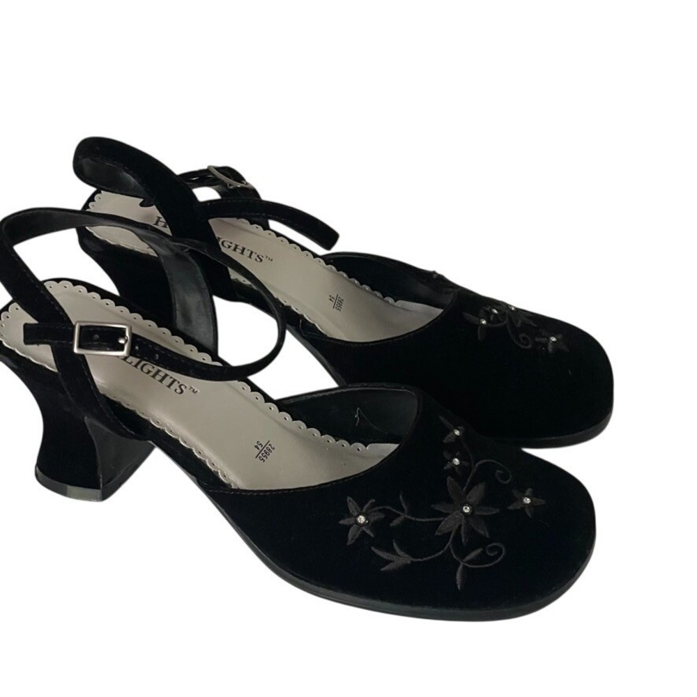 Vintage 1999 Y2K High Lights Kringle Black Velvet Floral Slingback Heels